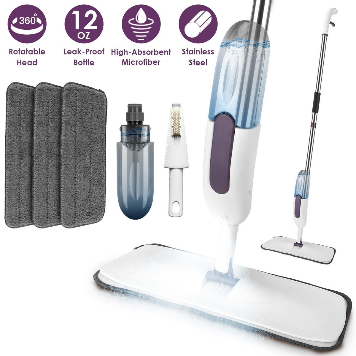 GoldLeaf Refillable Spray Mop with 3 Washable Microfiber Pads