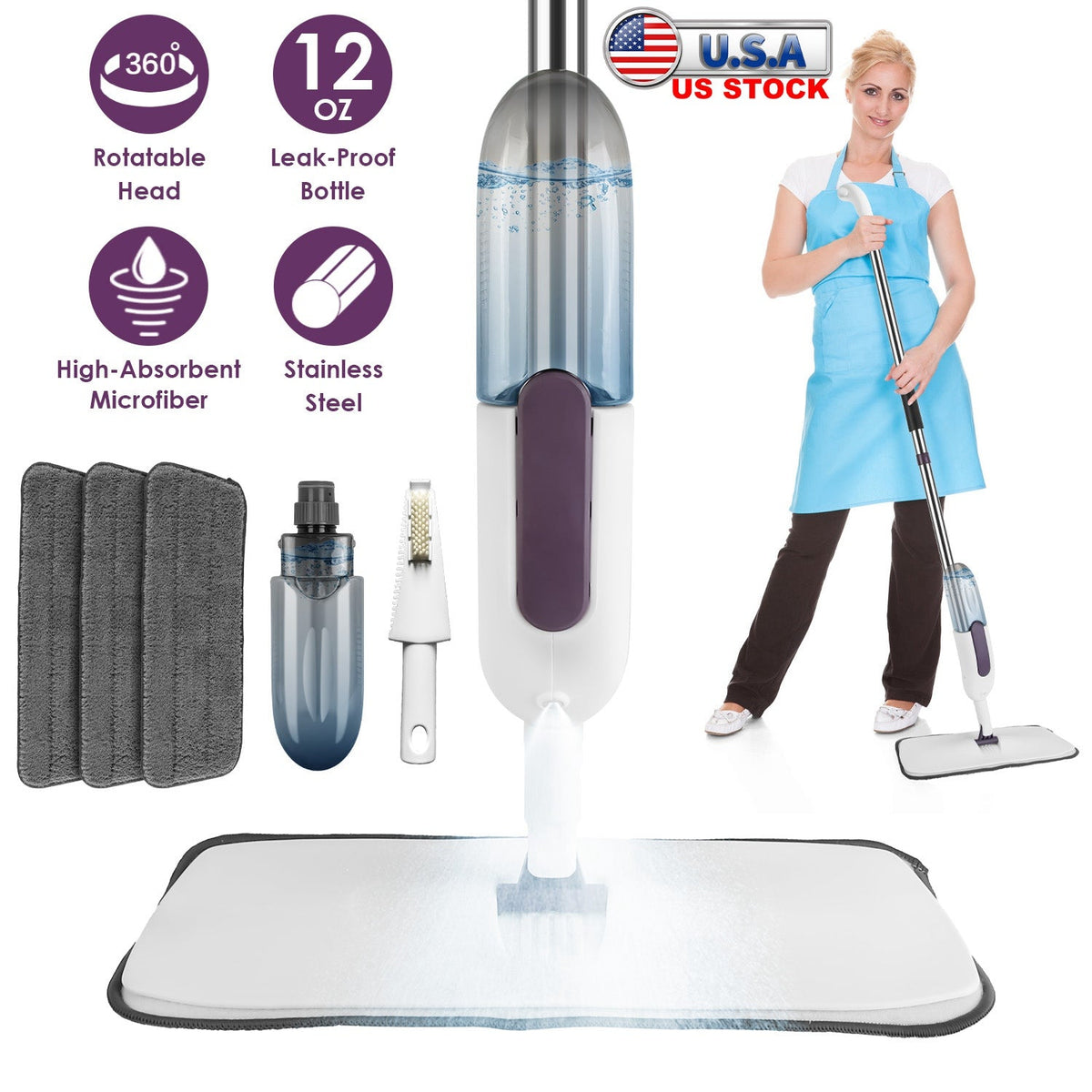 GoldLeaf Refillable Spray Mop with 3 Washable Microfiber Pads