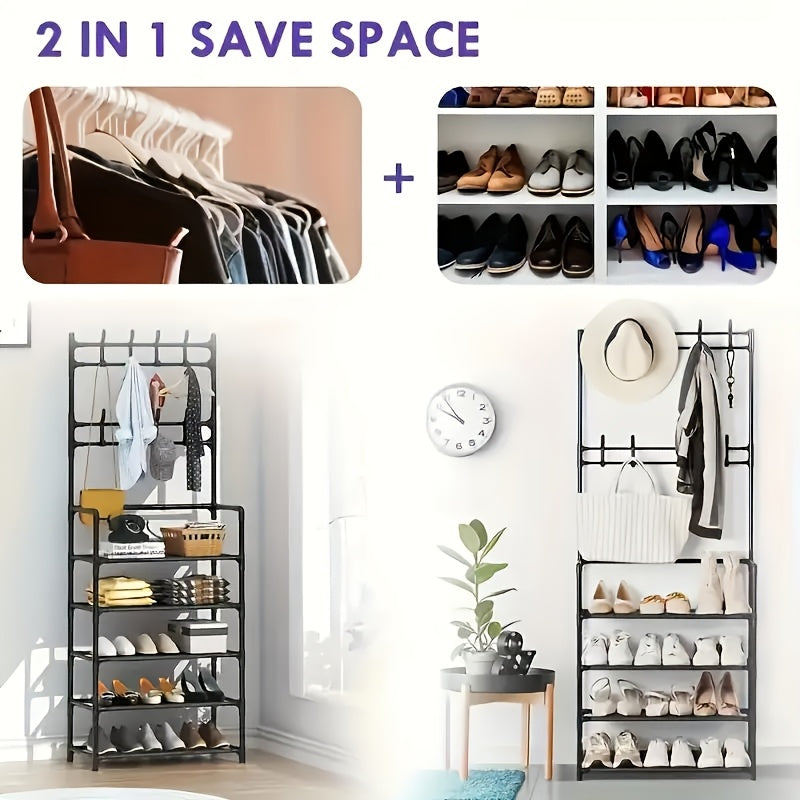 GoldLeaf 5-Tier Entryway Shoe Rack with Coat Hooks