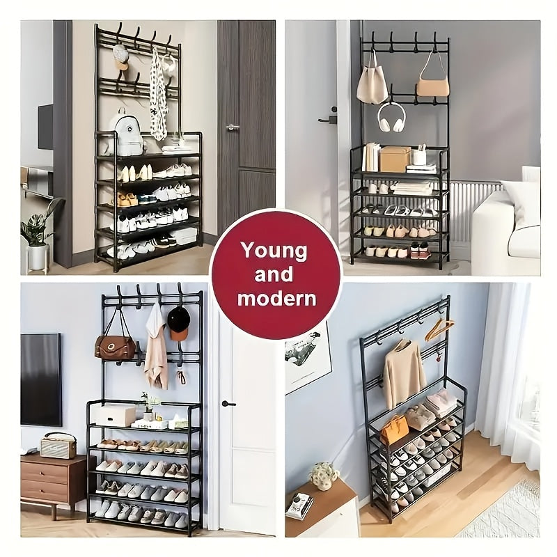 GoldLeaf 5-Tier Entryway Shoe Rack with Coat Hooks