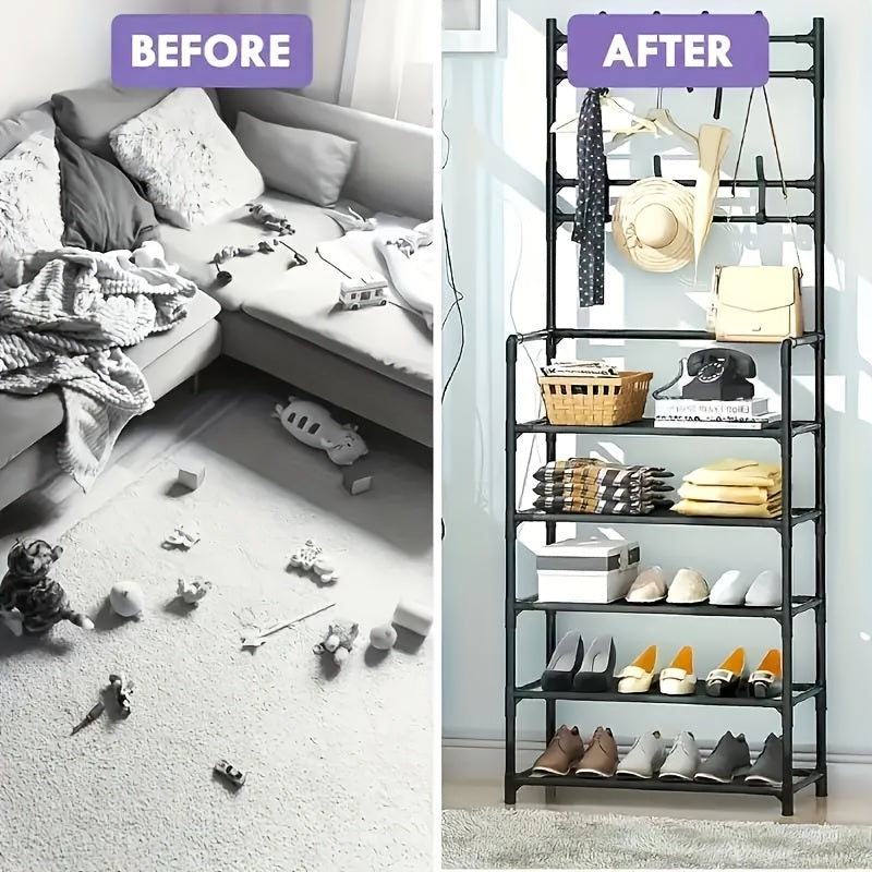 GoldLeaf 5-Tier Entryway Shoe Rack with Coat Hooks