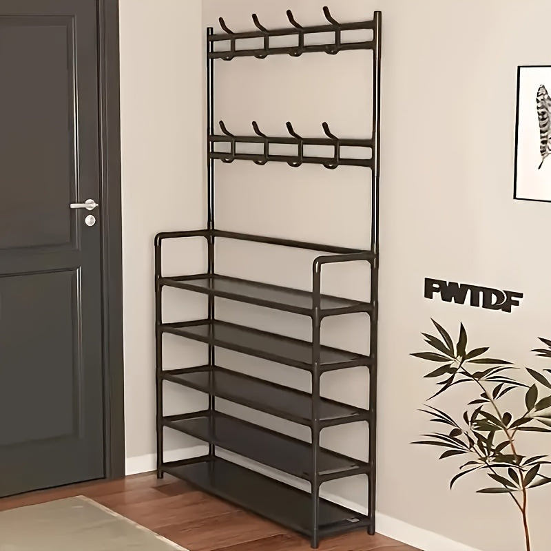 GoldLeaf 5-Tier Entryway Shoe Rack with Coat Hooks