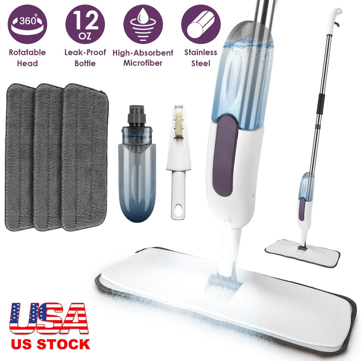 GoldLeaf Refillable Spray Mop with 3 Washable Microfiber Pads